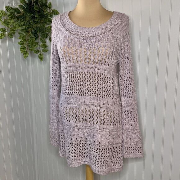BCBG MaxAzria Sz XL Sweater Dress Crochet Knit Long Sleeve Boho Lavender Lilac - Picture 2 of 13